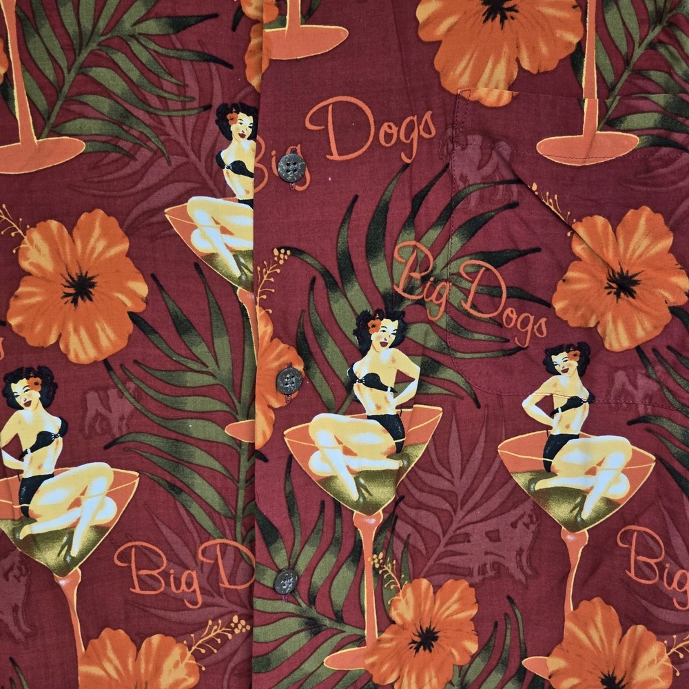 Big Dogs Mens 3X Hawaiian Shirt Burgundy Pin Up Girl Martini Glass Rayon Aloha